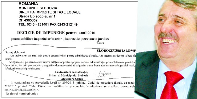 Scrisoarea primarului «Sictir» către contribuabilii slobozeni